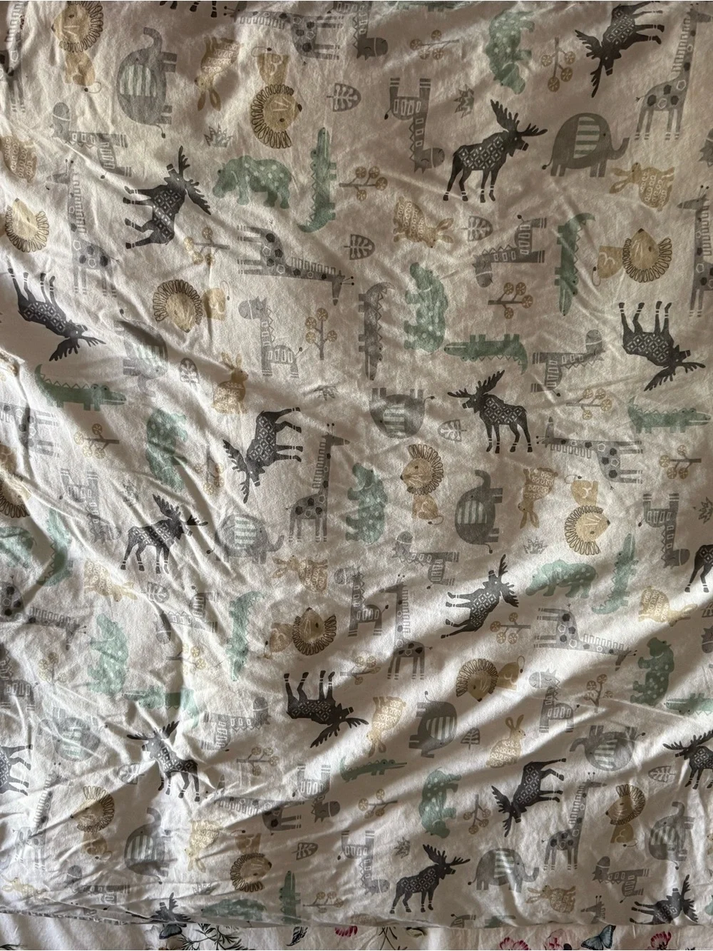 Safari Animal Cotton Duvet Cover in Cream with Gray, Green, and Gold Accents